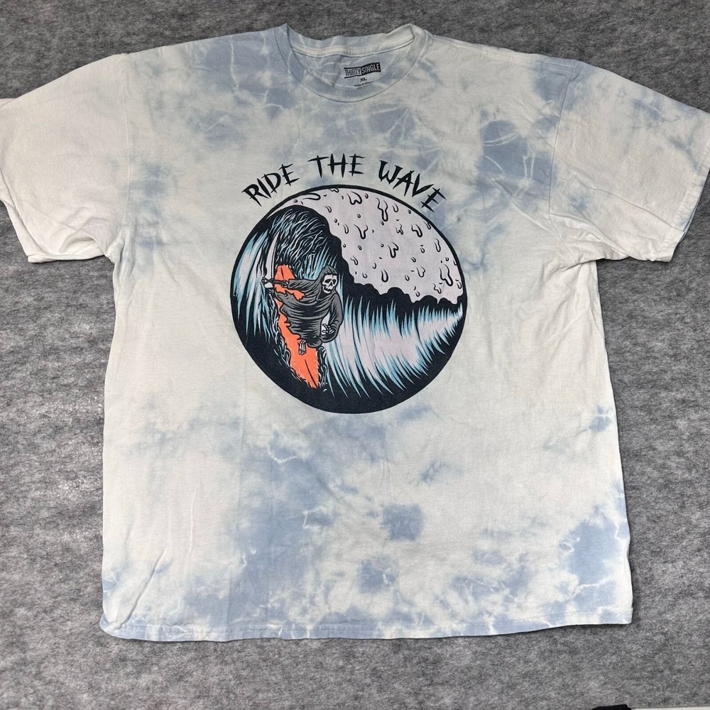 Thirty Single Ride The Wave T Shirt Mens XL Blue Tie Dye Grim Reaper Surfing